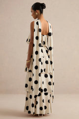 Talise | Cream Polka-Dot Satin Bandeau-Neck Tiered Maxi Dress With Scarf Detail