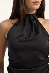 Luck & Trouble Andrea Satin Halter Top Black