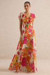 Naelle | Orange Floral Print Chiffon Plunge-Neck Maxi Dress With Ruffled Detailing