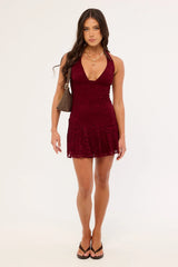 Luck & Trouble Heather Halter Mini Dress Burgundy