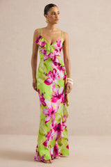 Marcelina | Lime And Pink Floral Print Satin V-Neck Maxi Dress