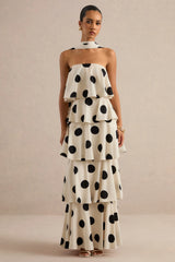 Talise | Cream Polka-Dot Satin Bandeau-Neck Tiered Maxi Dress With Scarf Detail