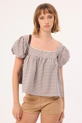 Luck & Trouble Adele Babydoll Top Brown Check