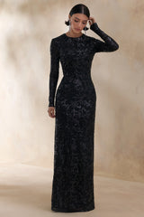 Stellar | Black Embellished Lace High-Neck Maxi Dress With Long Sleeves
