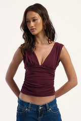 Luck & Trouble Vivi Ruched V Neck Top Plum