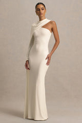 Dawn | Cream High-Neck Maxi Dress With One Long Cape-Sleeve
