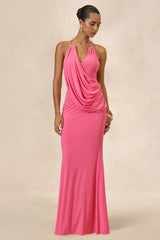 Dinara | Coral Halter-Neck Maxi Dress With Draped Detailing And Gold Detail