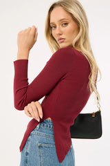 Perfect Stranger Long Sleeve Asymmetrical Knit Top Burgundy