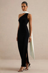 Lirienne | Black & White Asymmetric-Neck Maxi Dress With Scarf Detail