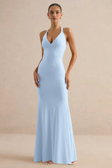Goldiea | Light Blue Halter-Neck Fishtail Maxi Dress