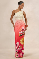 Hazel | Orange And Pink Floral Print Asymmetric-Neck Maxi Dress