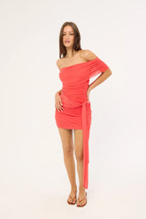 Luck & Trouble Elyse Recycled Off Shoulder Mini Dress Coral