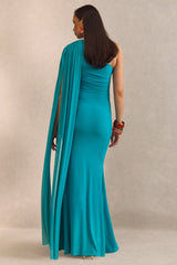 Aylena | Turquoise Asymmetric-Neck Maternity Maxi Dress With Sash Detail