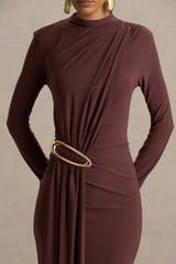Zadie | Brown High-Neck Maxi Dress With Gathered-Detail