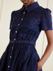 Belted embroidered lace-trimmed ramie midi dress