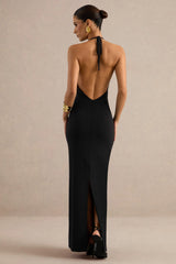 Maribelia | Black Extreme Plunge-Neck Maxi Dress With Gold Detail