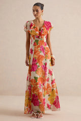 Naelle | Orange Floral Print Chiffon Plunge-Neck Maxi Dress With Ruffled Detailing