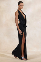 Velia | Black Extreme Plunge-Neck Maxi Dress With Front High Split
