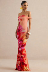 Katia | Hot Pink Placement Floral Print Asymmetric-Neck Maxi Dress