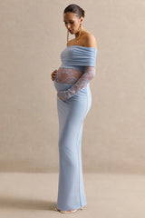 Artemisia | Light Blue Bardot-Neck Maternity Maxi Dress With Lace Detailing