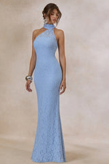 Almaria | Powder Blue Lace Asymmetric-Neck Maxi Dress With Collar-Detail