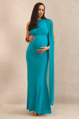 Aylena | Turquoise Asymmetric-Neck Maternity Maxi Dress With Sash Detail