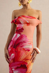 Katia | Hot Pink Placement Floral Print Asymmetric-Neck Maxi Dress
