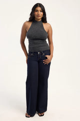 Luck & Trouble Remy Halter Cinched Waist Knit Top Charcoal Marle