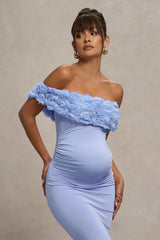 Inflorescence | Powder Blue Mesh Floral Bardot Maternity Maxi Dress