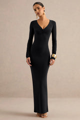 Lucina | Black V-Neck Maxi Dress With Ruched Detailing