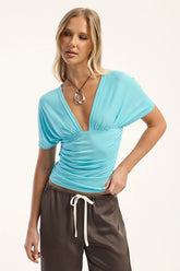 Motel Vernia Plunge Batwing Top Aqua