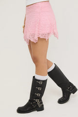 Luck & Trouble Adeline Asymmetrical Lace Mini Skirt Pink