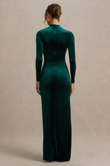 Wishes | Bottle Green Velvet High-Neck Maxi Dress With Wrap Skirt
