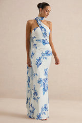 Iraida | Blue Floral Print High-Neck Maxi Dress With Scarf Detail