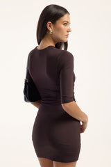 Luck & Trouble Kate V Neck 3/4 Sleeve Mini Dress Brown