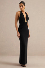 Maribelia | Black Extreme Plunge-Neck Maxi Dress With Gold Detail