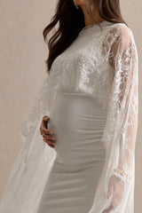 Camelina | White Round-Neck Maternity Maxi Dress With Lace Cape Detail