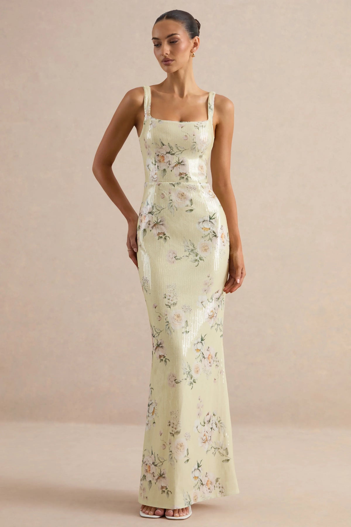Danette | Yellow Floral Print Sequin Square-Neck Maxi Dress