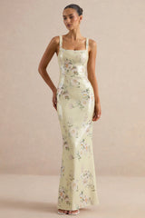 Danette | Yellow Floral Print Sequin Square-Neck Maxi Dress