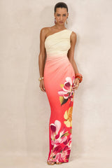 Hazel | Orange And Pink Floral Print Asymmetric-Neck Maxi Dress