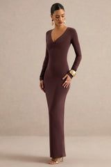 Lucina | Dark Brown V-Neck Maxi Dress With Ruched Detailing