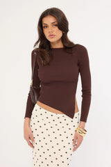 Perfect Stranger Long Sleeve Asymmetrical Rib Knit Top Brown