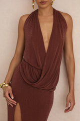 Velia | Brown Sheer Extreme Plunge-Neck Maxi Dress With Front High Split