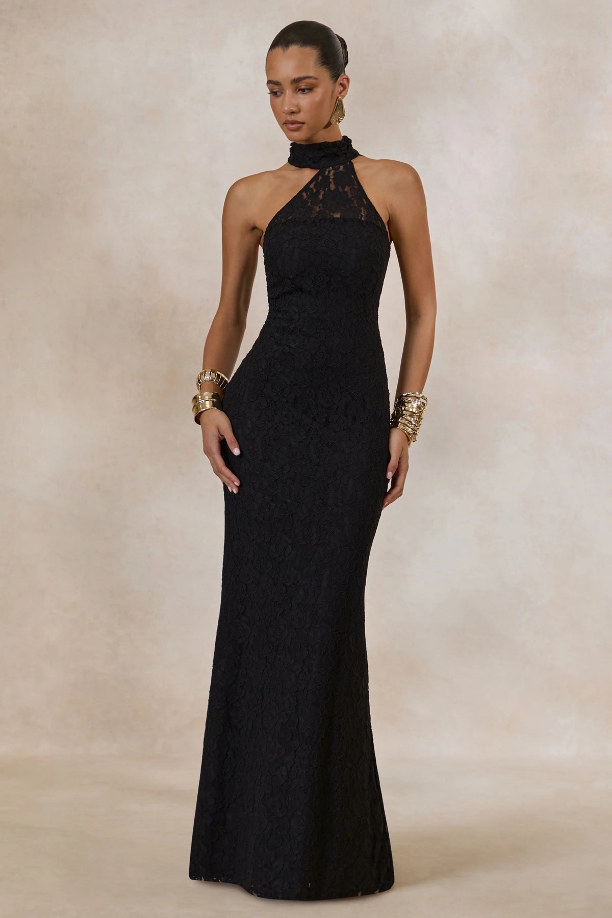 Almaria | Black Lace Asymmetric-Neck Maxi Dress With Collar-Detail