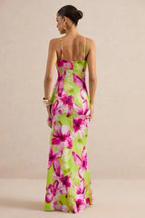 Marcelina | Lime And Pink Floral Print Satin V-Neck Maxi Dress