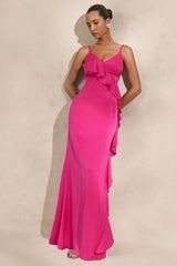 Marcelina | Hot Pink Satin V-Neck Maxi Dress With Ruffled Detailing