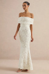 Xara | White Lace Bardot-Neck Maxi Dress
