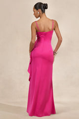 Marcelina | Hot Pink Satin V-Neck Maxi Dress With Ruffled Detailing