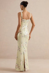 Danette | Yellow Floral Print Sequin Square-Neck Maxi Dress