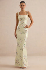 Danette | Yellow Floral Print Sequin Square-Neck Maxi Dress
